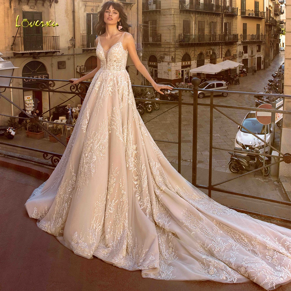 

Loverxu V-Neck A Line Wedding Dress Chic Applique Beading Tank Sleeve Backless Bride Dress Cathedral Train Bridal Gown Plus Size