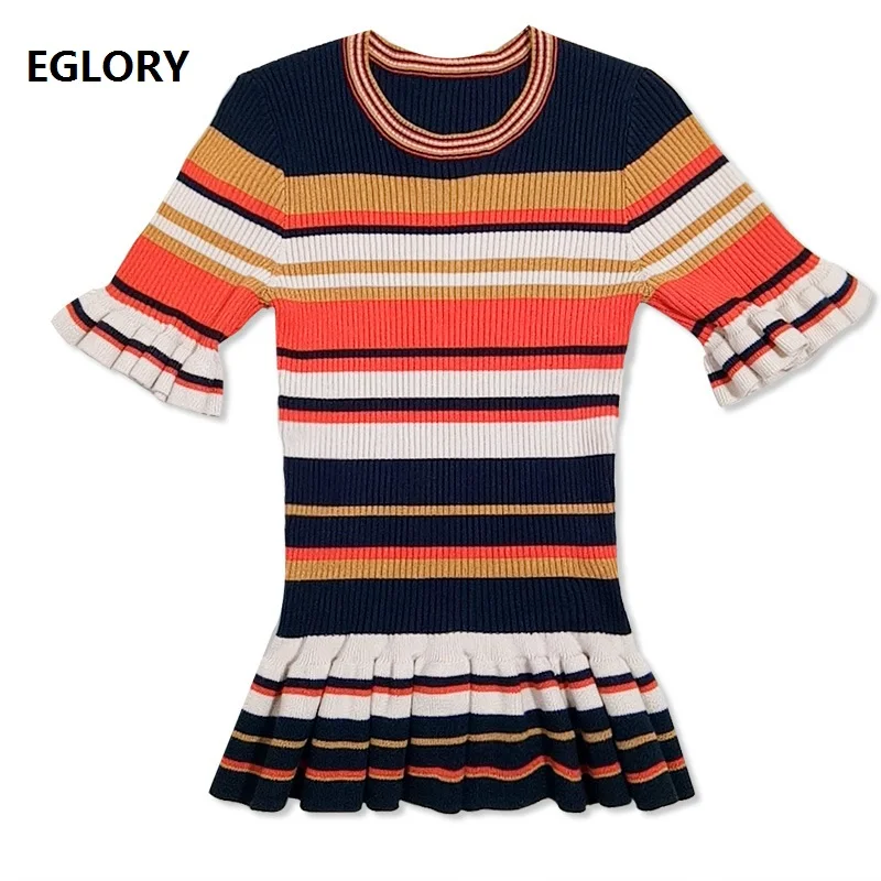 

High Quality 2019 Summer Autumn Knitted Sweaters Women Striped Pattern Short Sleeve Casual Tops Pullovers Female Soft Knitwear
