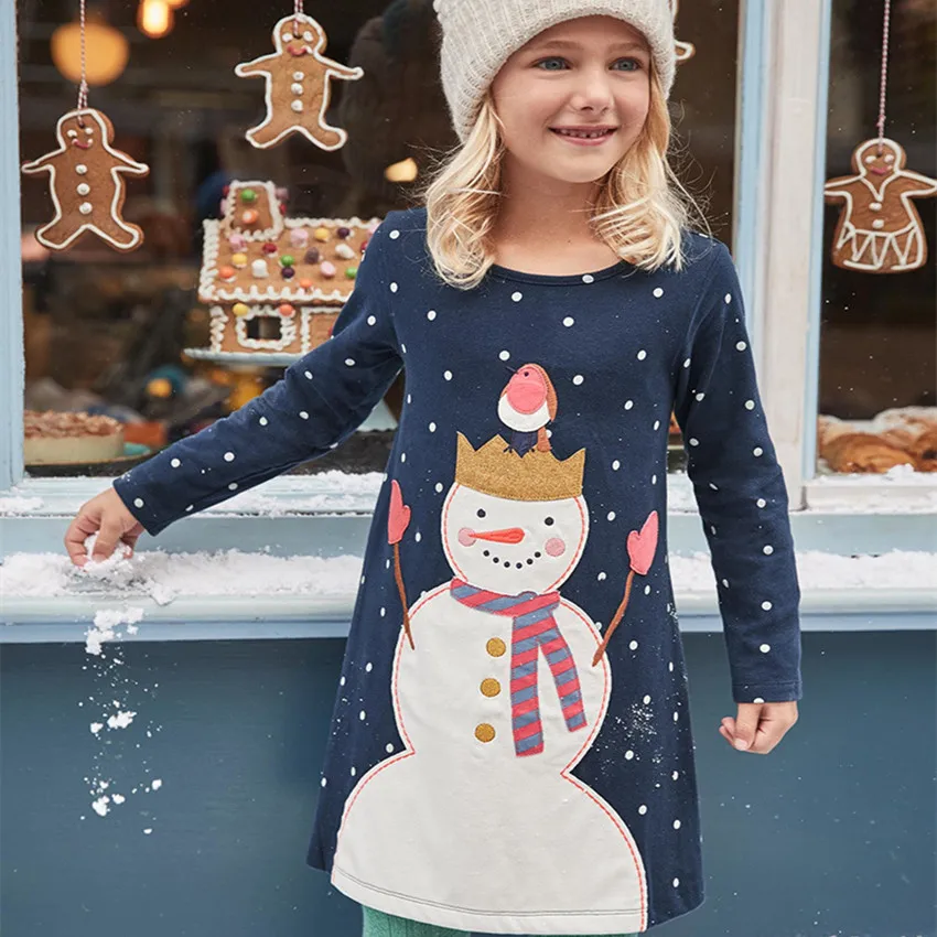 

2018 Kids Christmas Dresses Long Sleeve Cotton A-Line Dresses Snowman Cartoon Child Clothes Girls Dresses Princess Costume