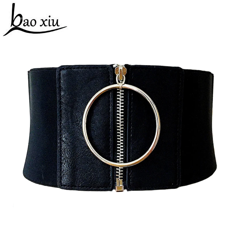 

2017 new brief leather belt female wide elastic belt decoration big metal Circle ring fashion cummerbund strap lady's waist belt