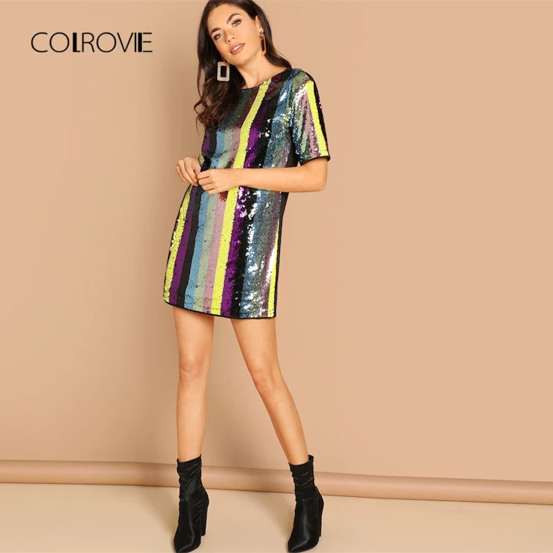 COLROVIE/разноцветная туника в полоску, сексуальное платье с блестками, женская одежда, весна, короткий рукав, модное корейское клубное мини-платье, вечерние платья