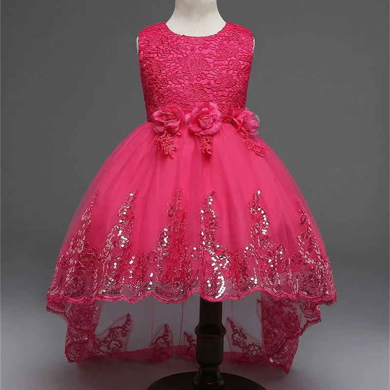 

2017 Red Girls Lace Dress with Tails Flower Girls Wedding Dress Bow Kids Sequins High Low Dress Clothes Children Clothing