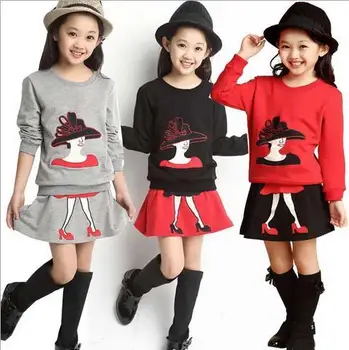 

2pcs set Kids Clothes Children Girl Winter Mini Dress Full sleeve Clothing Sets Baby Girl Cartoon T-shirt dress Warm Wear