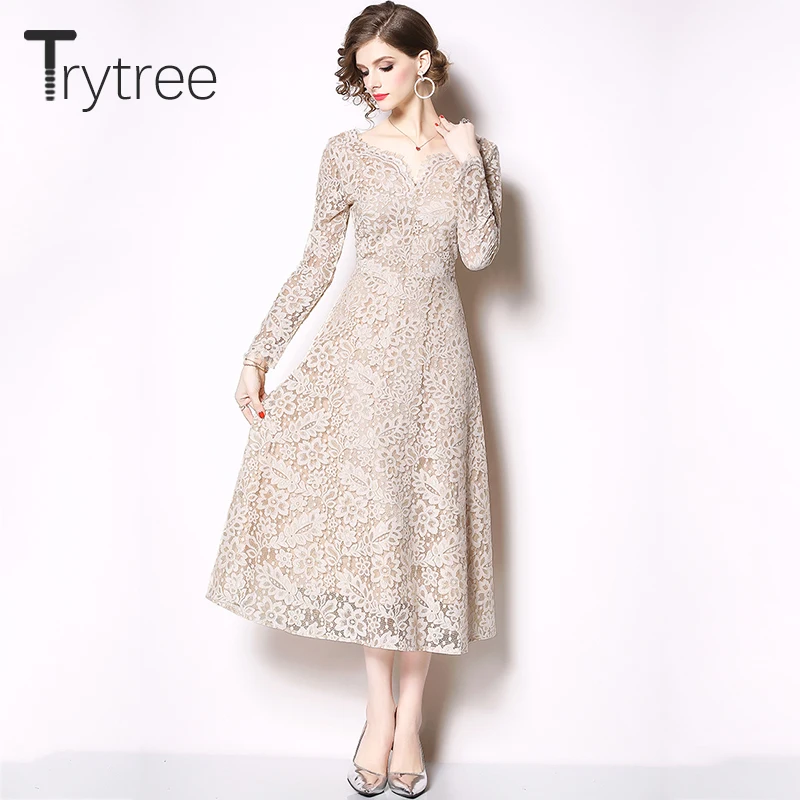 

Trytree 2019 Summer Autumn women Floral Casual Dress V-Neck Embroidery Polyester dresses Full sleeve A-Line Mid-Calf Lace Dress