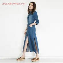 Модные джинсовые платья с открытой вилкой для женщин осень зима женские однобортные длинные джинсы рубашка платье ESA103