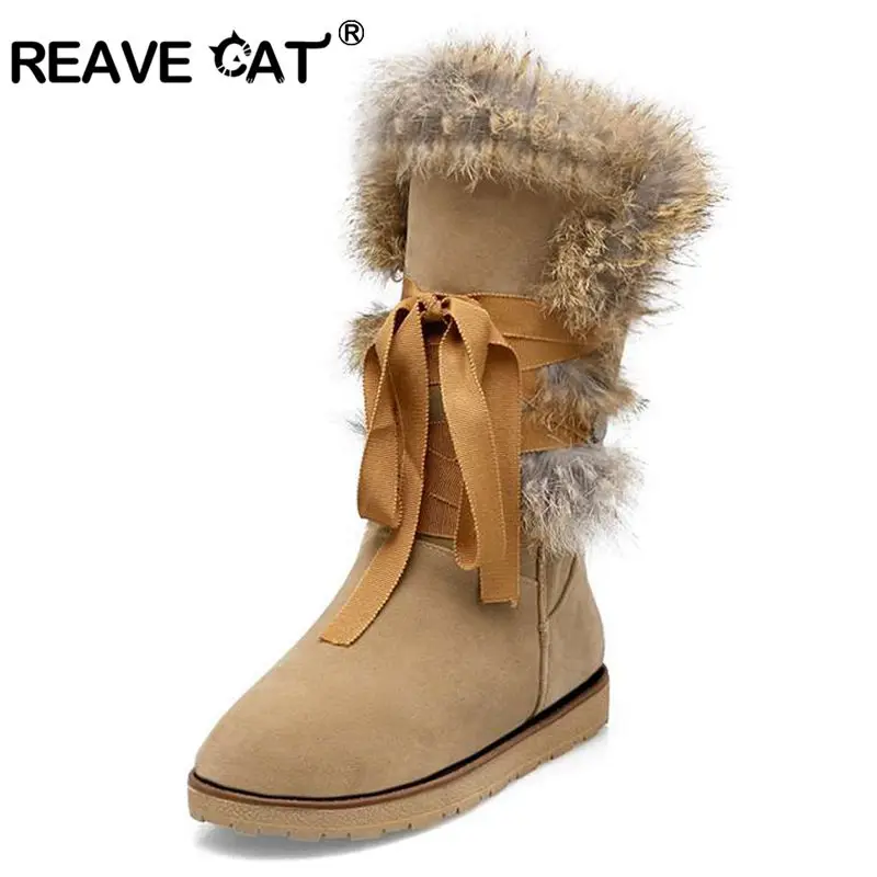 REAVE CAT/Размеры 34–43 Для женщин до середины икры ботинки на плоской подошве с густым мехом и с перекрестными ремешками Женские короткие сапоги теплые зимние сапоги женские стопы A090