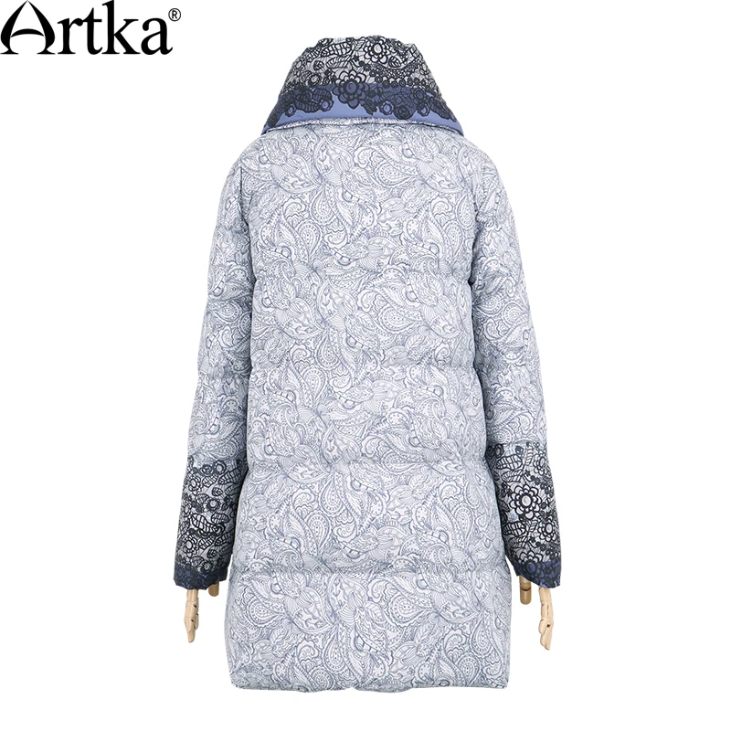 ARTKA, осенняя Женская куртка, зимнее пуховое пальто, женская длинная парка, теплая ветровка с принтом, винтажный плащ, плюс размер, ZK11369D