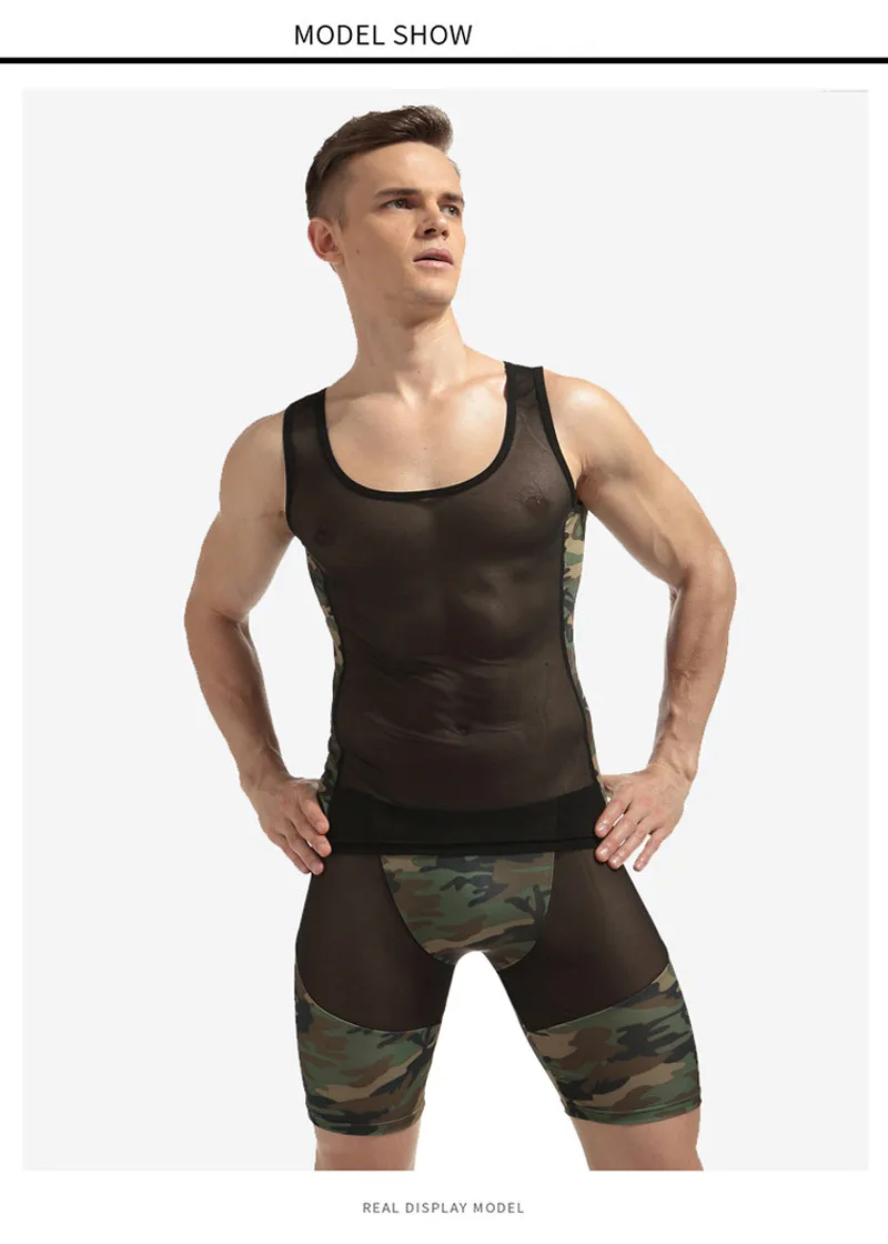 

Stylish Men Camouflage Patchwork Lingerie Set Comfortable Transparent Mesh Underwear Set Tank Tops Elastic Shorts 1 Set