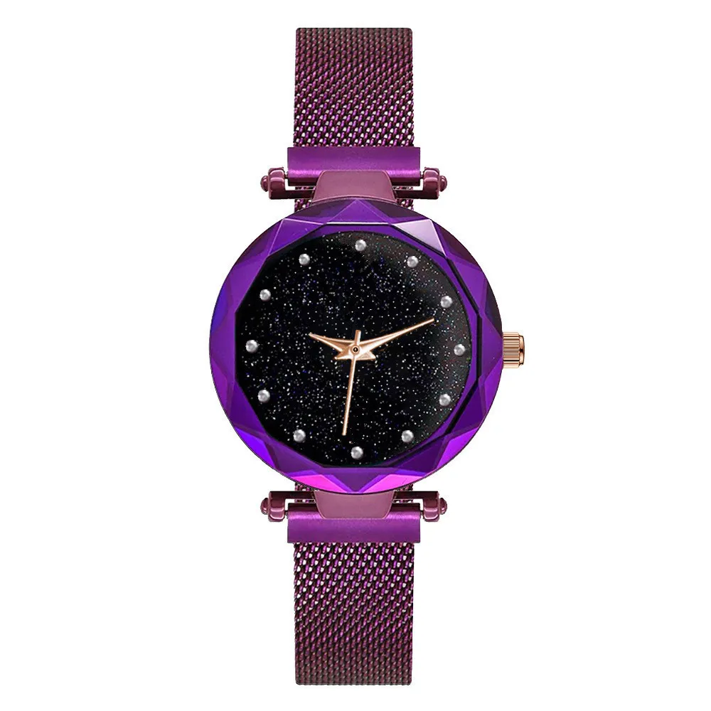 Роскошные женские часы из розового золота, магнитные женские наручные часы со звездным небом, водонепроницаемые стразы, женские часы, Прямая поставка - Цвет: Фиолетовый