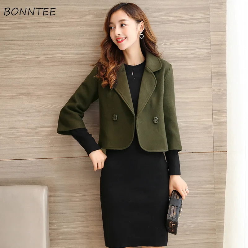 

Wool Women 2019 Slim All-match Korean Style Short Woolen Coat Simple Three Quarter Womens Trendy Warm Coats Students Cute Blends