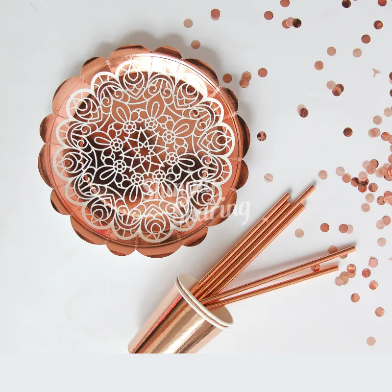 Rose Gold Birthday Party Tableware Plate Straw Wedding Party Ballon Tassel decoration Baby Shower Bachelor Party supplies (2)