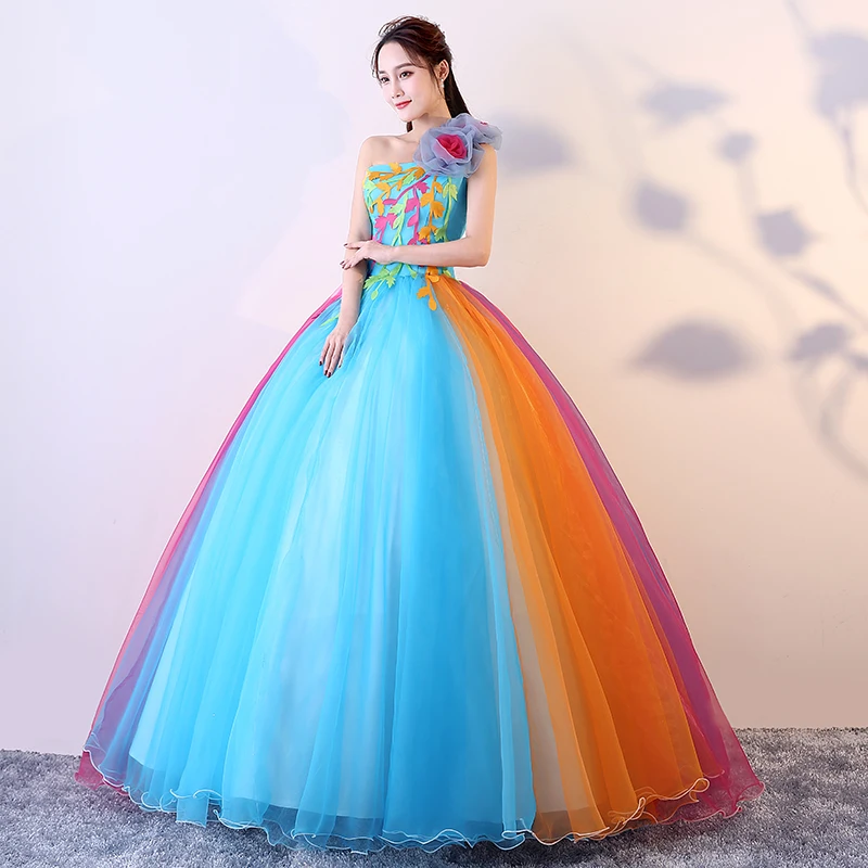 ruthshen Romantic Colorful Organza Ball Gown One Shoulder Quinceanera Dresses Beautiful Party Flowers Dresses Vestidos