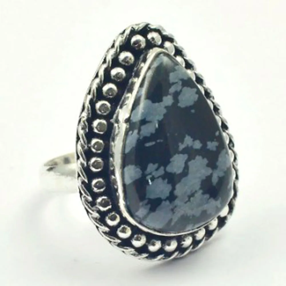 

Snowflake Obsidian Ring Silver Overlay over Copper, USA Size 7.5 , R4101