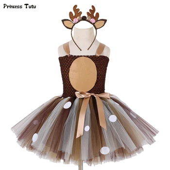 

Girls Deer Tutu Dress With Headband Halloween Costume For Kids Girls Birthday Party Dress Children Cosplay Animal Costume 1-14Y