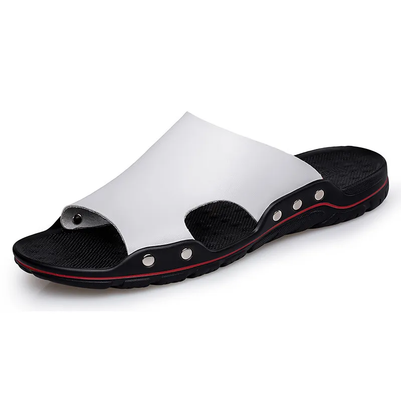 

Men Slip-on Leather Slippers Slides Casual Sandals Plus Size 38-48 Solid Color Concise Design Male Summer Beach Shoes