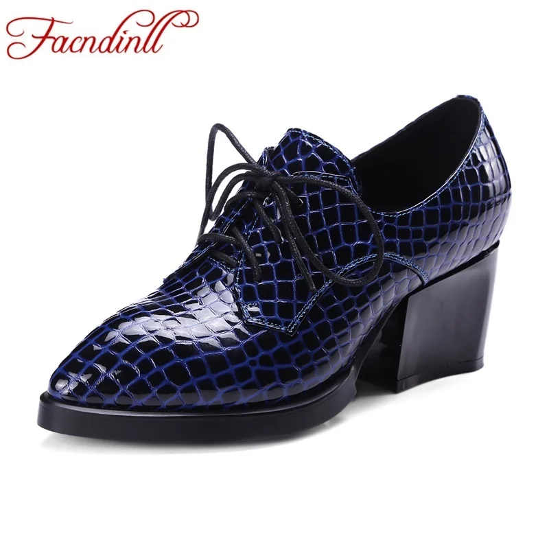 

FACNDINLL women pumps genuine patent leather new fashion lace up high heels pointed toe black shoes woman pumps high quality