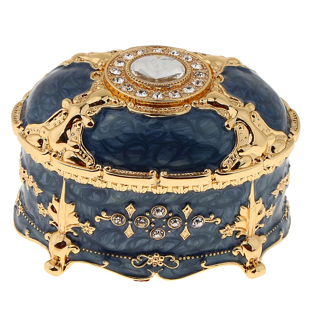 Crystal Enamel Oval Metal Vintage Jewelry Box Gift Earrings Ring Storage Box