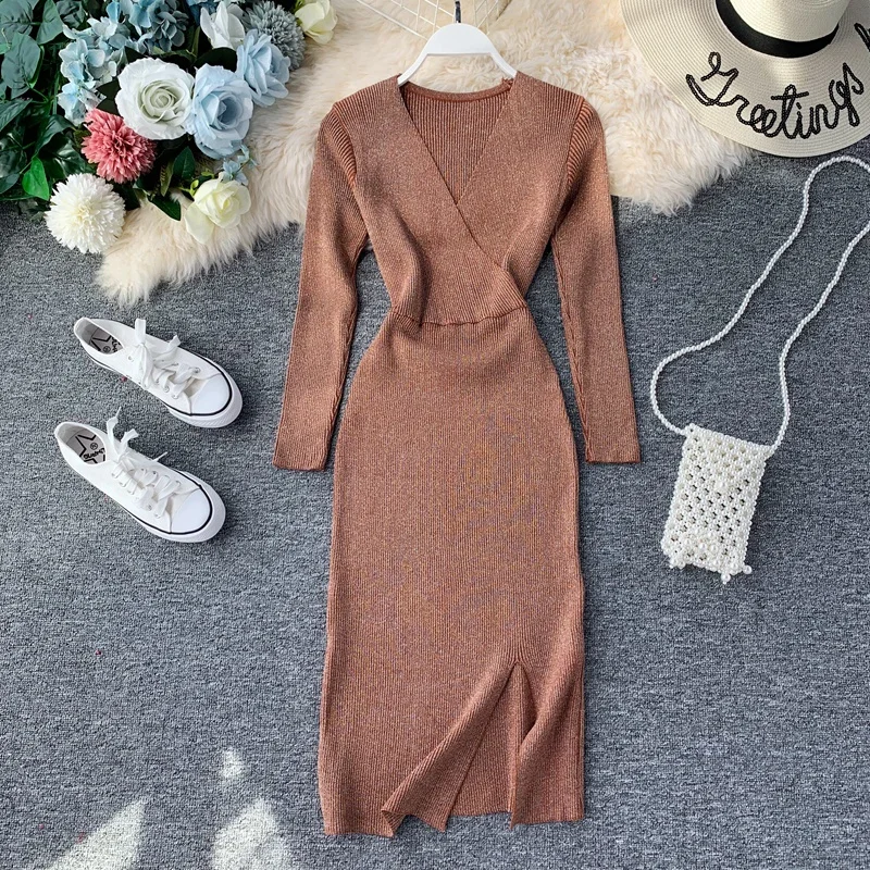 

Oshangchaopin Autumn Winter Open V-Neck Wrap Women Stretch Sweater Dress Fashion Lurex Shiny Slim Fit Split Knitted Dress Femme