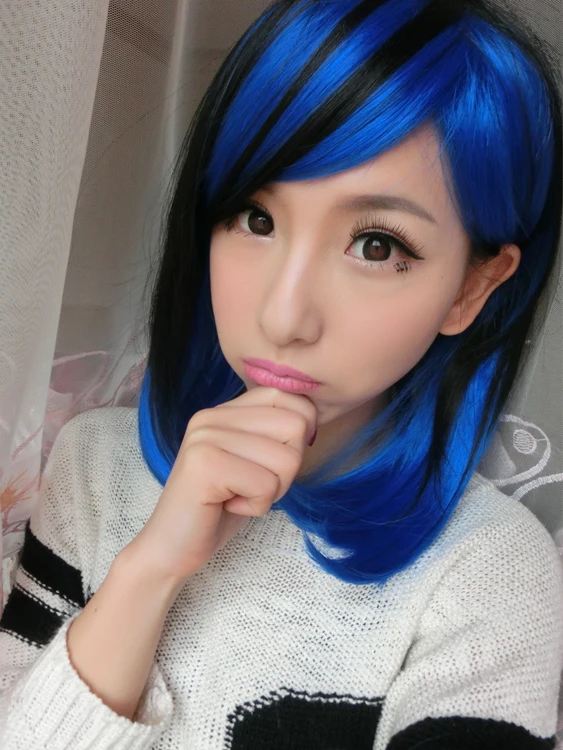 36cm Women S Girls Short Hair Wigs Blue Mixed Black Two Tone