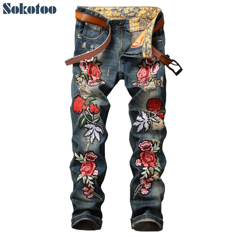Sokotoo Men's flower embroidery patch ripped jeans Casual hole slim