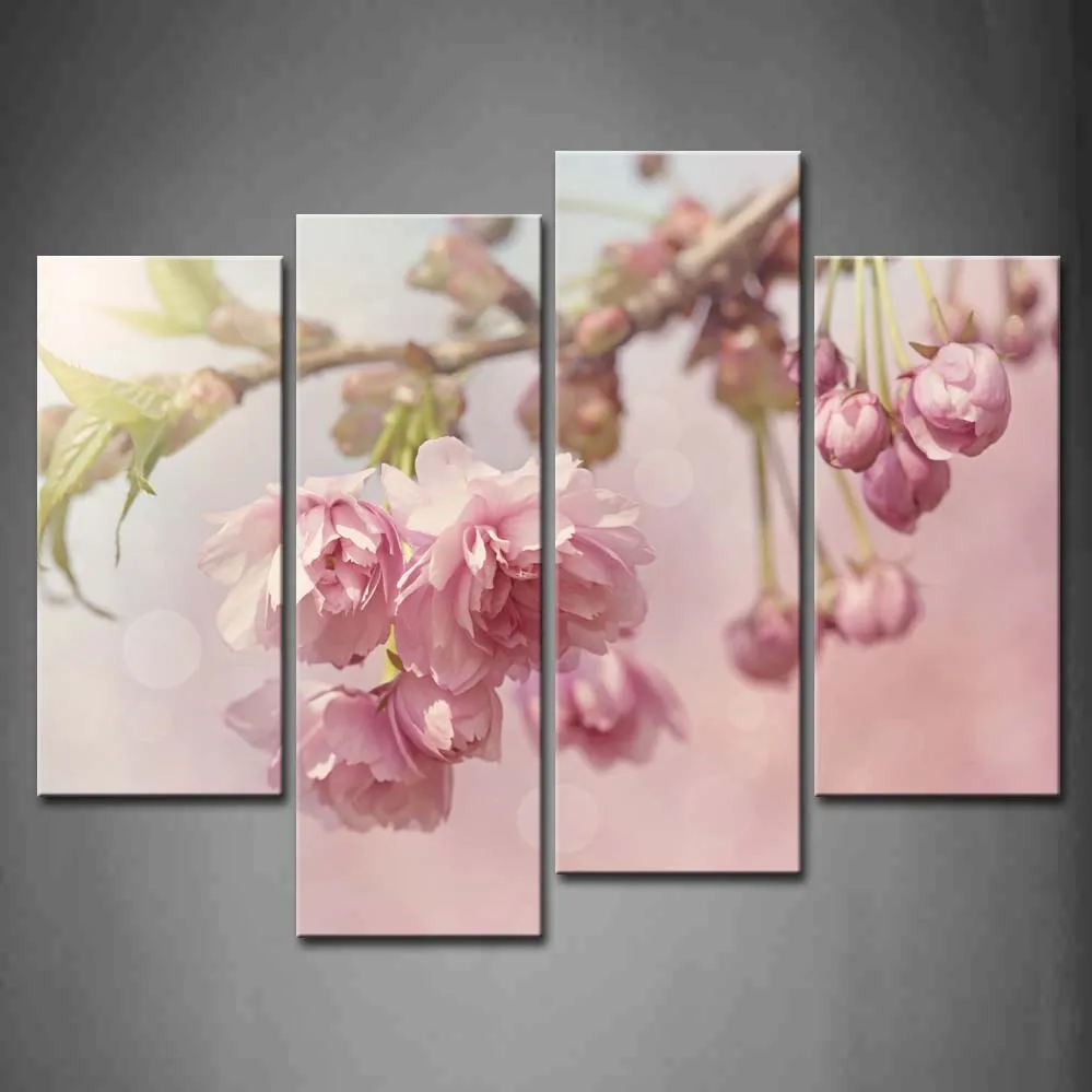 

4 Pics Framed Wall Art Picture Cherry Blossom Tree Spring Canvas Print Flower Modern Poster With Wooden Frames For Decor