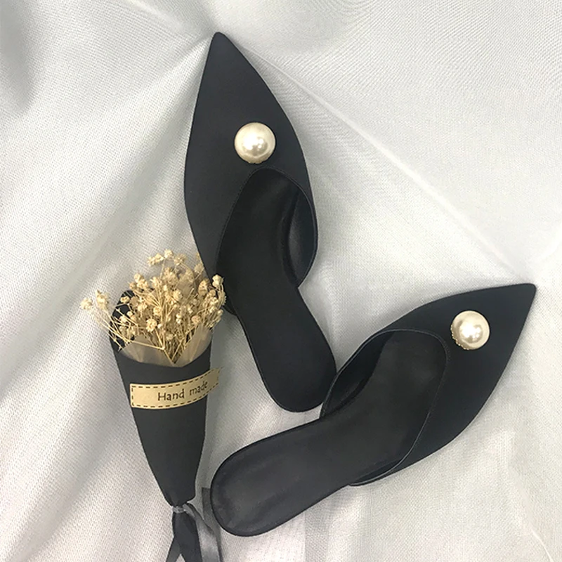 

Kmeioo Elegant Shoes Woman Pointed Toe Flats Pearl Mule Slides Slip-On Mules Concise Mule Sandals Women Dress Shoes