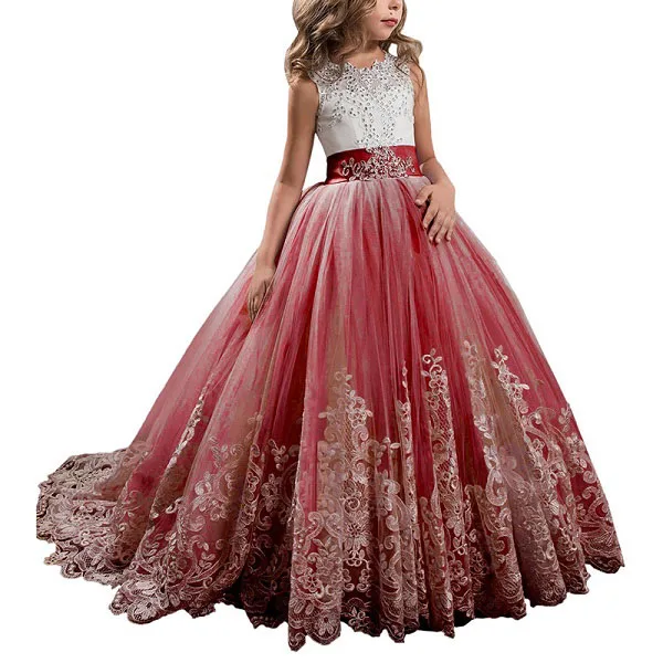 Платья с цветочным узором для девочек на свадьбу, кружевное платье с вышивкой и бусинами и бантом, платье для выпускного бала для девочек - Цвет: Burgundy