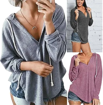

S-2XL women autumn spring t shirt tops lady casual leisure hoodied longsleeve v neck blouse tops t shirt
