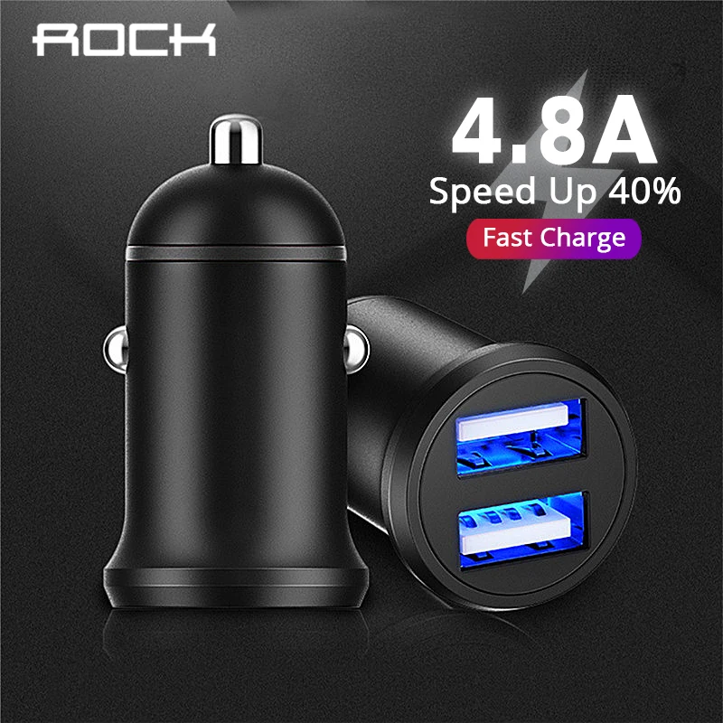 

ROCK 5V 4.8A Dual USB Car Charger Quick Charging Mini Metal Car-Charger Auto Charge 2 Port 24W for iPhone X 8 7 6 Samsung Xiaomi