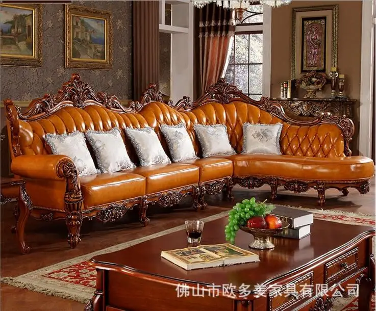 high quality European antique living room sofa furniture genuine leather set d1425 high quality European antique living room sofa furniture genuine leather set d1425