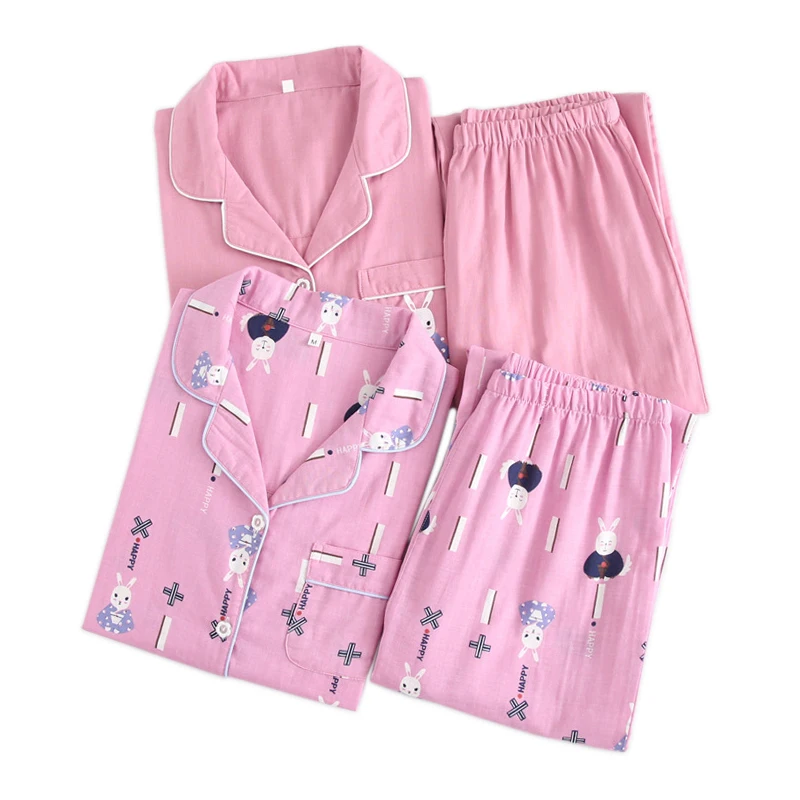 

kawaii rabbit pajama sets women spring 100% gauze cotton long sleeve casual cozy sleepwear summer thin women pyjamas