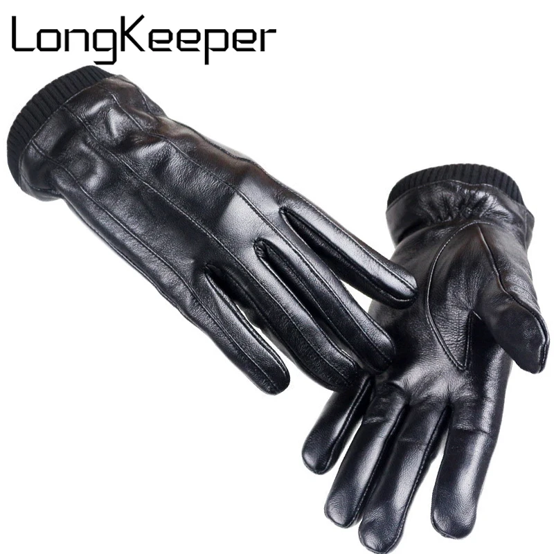 LongKeeper Для мужчин Натуральная козья кожа перчатки новинка 2017 года бренд Зимние перчатки мужские черные водительские перчатки Модные теплые