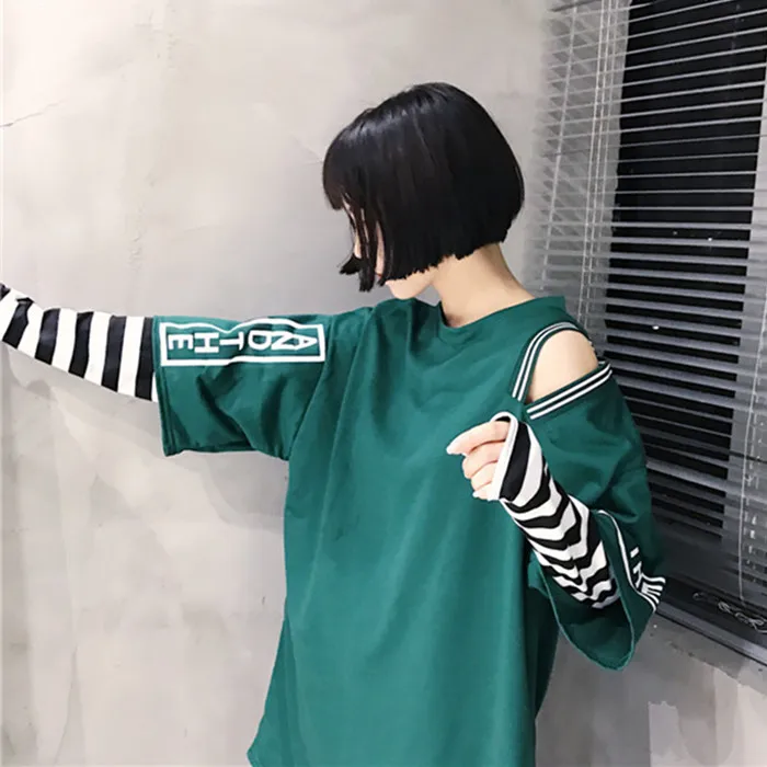 

T-shirt Femme 2019 Spring Clothing Women Korean Ulzzang Harajuku Striped Sleeve Patchwork False Two Piece Long Sleeved T-shirts