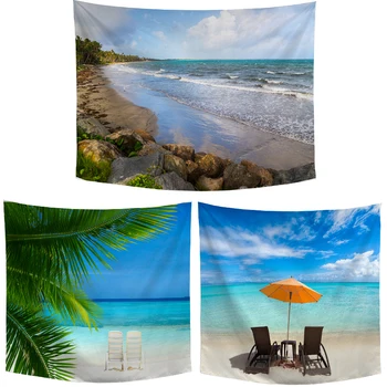 

Seaside Landscape Wall Hanging Chair Umbrella Blue Sky Lounger Printed Tapestry Beach Towel Home Living Room Decorative Blanket