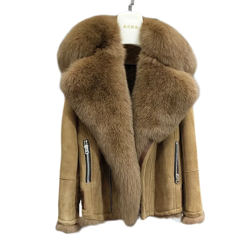 Шуба из натурального меха женская зимняя шуба из овечьей шерсти Женская короткая куртка с воротником из натурального Лисьего меха для женщин одежда AKF-8866 YY890 - Color: Khaki