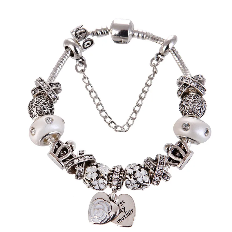 

High Quality Silver plated white crystal Beads Heart Pendant Charms Noble Pretty Pan Bracelet For Women/Gril gift jewelry