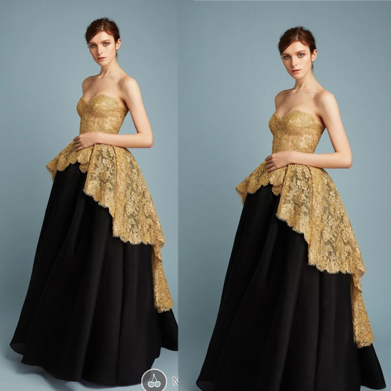 Nieuwste Avondjurken Floor Lengte Sweetheart Hals Gold Kant Zwart Baljurk Backless Avondjurken 2017