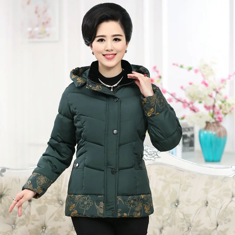 Middle Aged Women Winter Hooded Parkas Red Green Purple Flower Quilted Basic Coat Female Puffer Hood Jacket Mother Outerwear 4XL