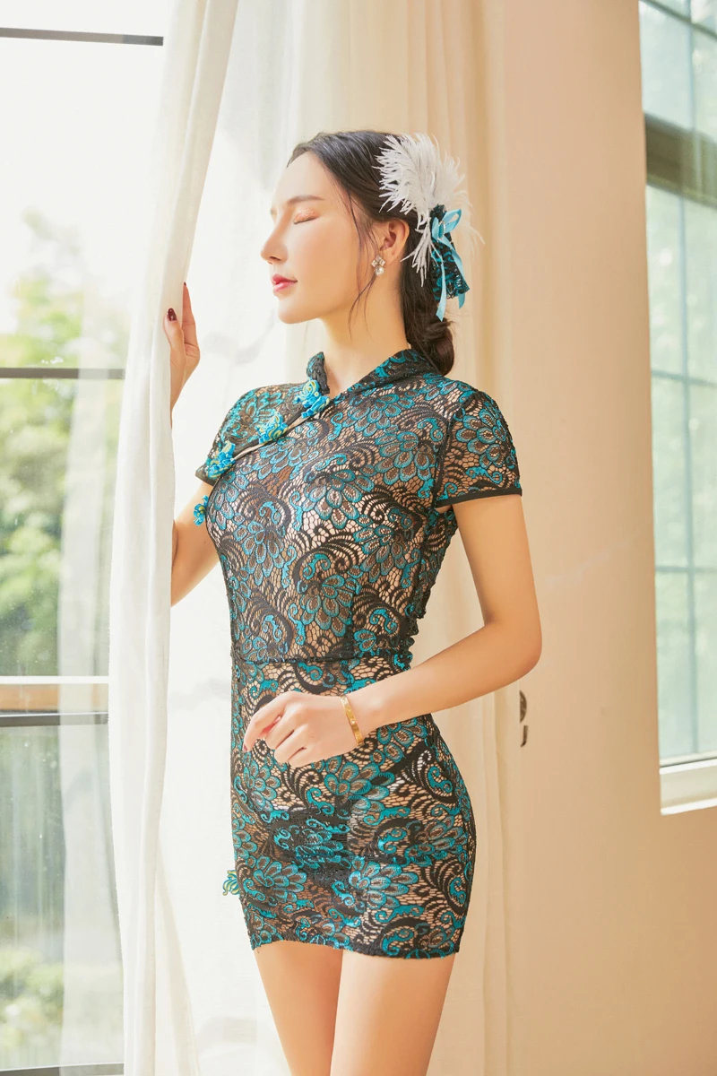 Сексуальное Женское ретро платье Чонсам с вышивкой павлина для ночного клуба, модное кружевное китайское мини-платье Ципао