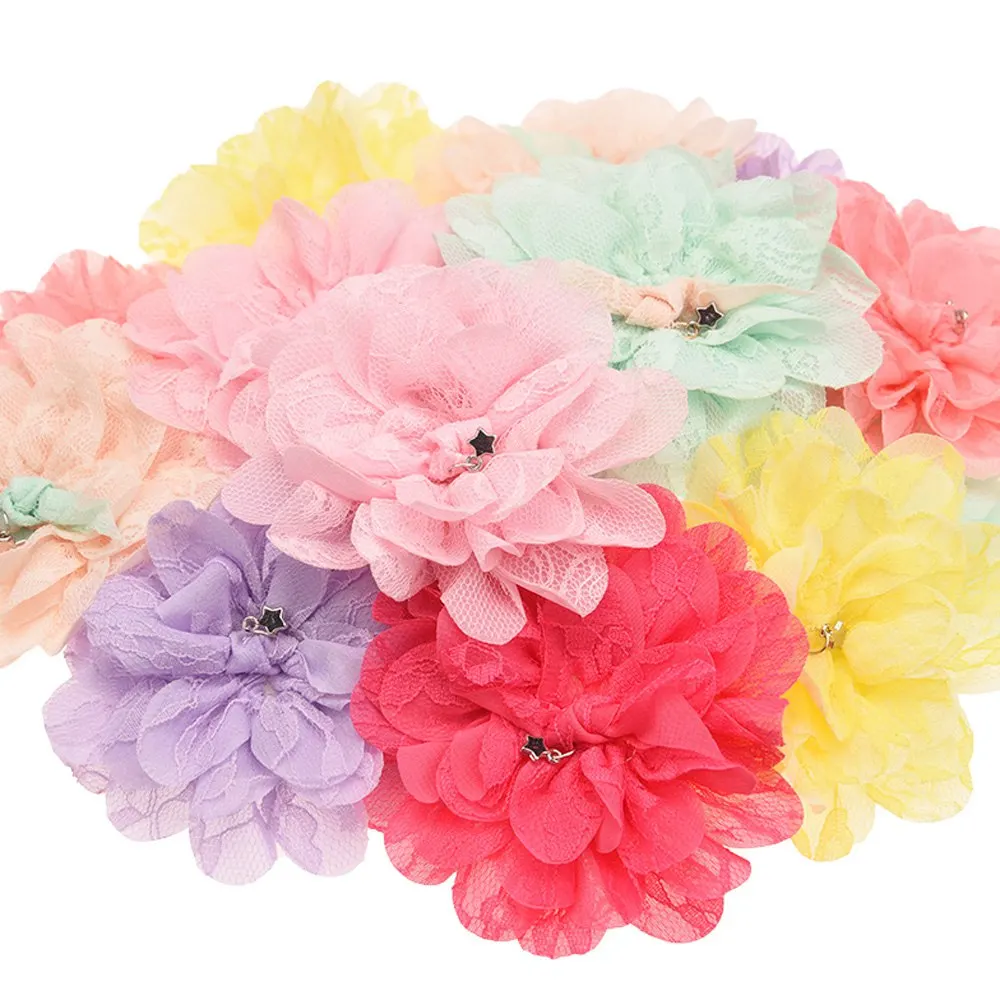 

60pcs Chiffon Lace Ruffles Flower 9.5cm Chic Accessory Vintage hair accessories for head wrap Without Barrette Hair pin No hair