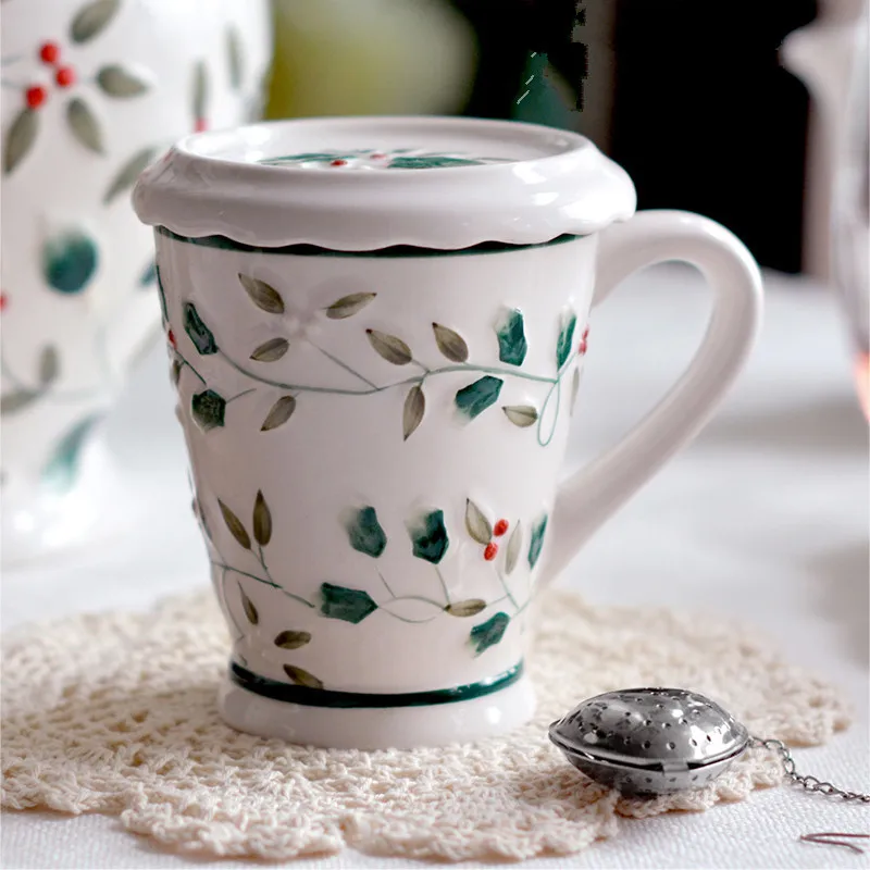 

Free Shipping European Style Hand Painted Ceramic Mug Creative Hand-embossed Coffee Cup High Quality Office Tea Mugs With Lid