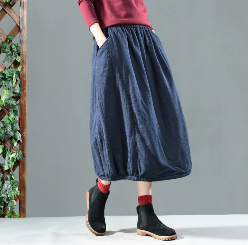Autumn Winter Skirt Women Retro padded Loose Skirt Elastic Waist pocket