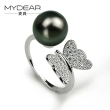 MYDEAR Fine Pearl Jewelry Pretty Butterfly Shape Silver Ring Farm 9-10mm Round Freshwater/Tahitian Pearl Rings For Women