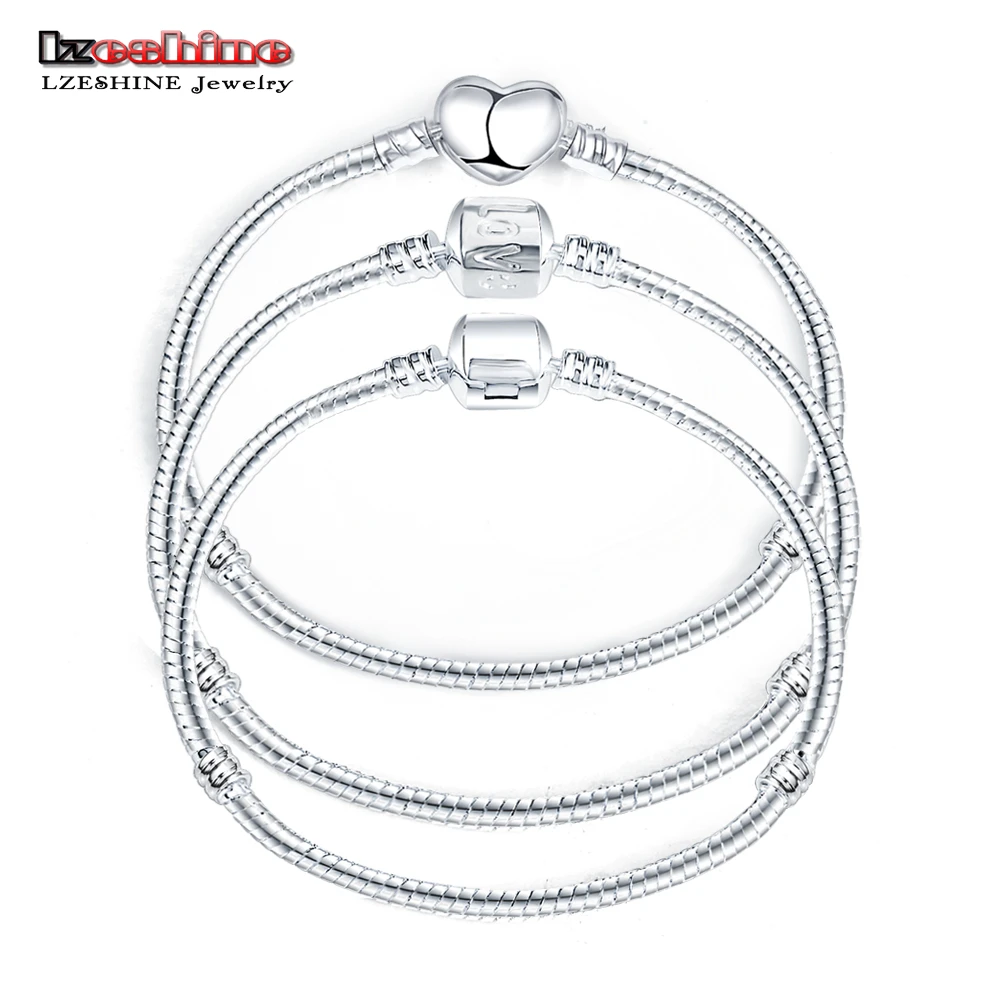 

LZESHINE Authentic Unique Silver Plated Heart Snake Chain Bracelet Fit Women Original Charm Bracelet DIY Jewelry Pulseras