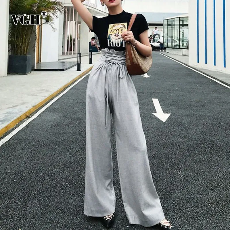 

VGH Casual Loose Full Length Pants For Women Drawstring Bow High Waist Summer Solid Wide Leg Pant Female 2019 Fashion New Tide