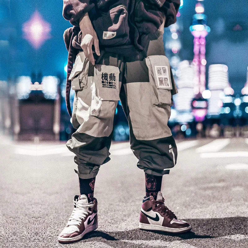 

Pockets Cargo Pants Men Letter Embroidery Hip Hop Harem Joggers Color Patchwork Track Trousers Man Skateboard Streetwear