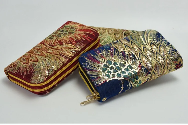 Дизайнерский Блестящий женский кошелек двухсторонний высококлассный женский Павлин Вышивка кошелек с павлинами классический клатч