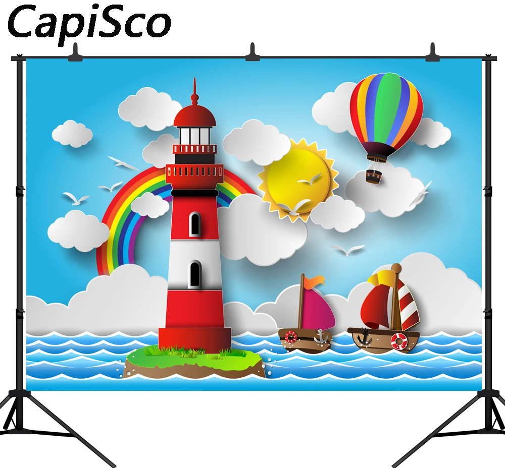 

Capisco photography background cartoon Lighthouse blue sky ship Birthday party backdrop photography studio camera fotografica