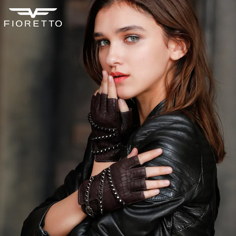 Fioretto Womens Leather Gloves Fingerless Driving Gloves Straps Studed