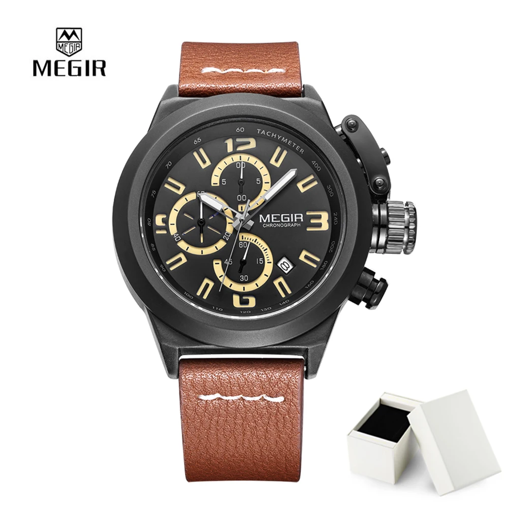 2018 MEGIR спортивные часы Для мужчин Chronograph Top бренд кварцевые часы Повседневное военные большой циферблат наручные Водонепроницаемый часы 2029